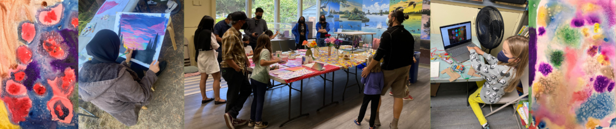 banner containing 3 images of students making art, showing off their works at the Student Art Show case, and working on a laptop
